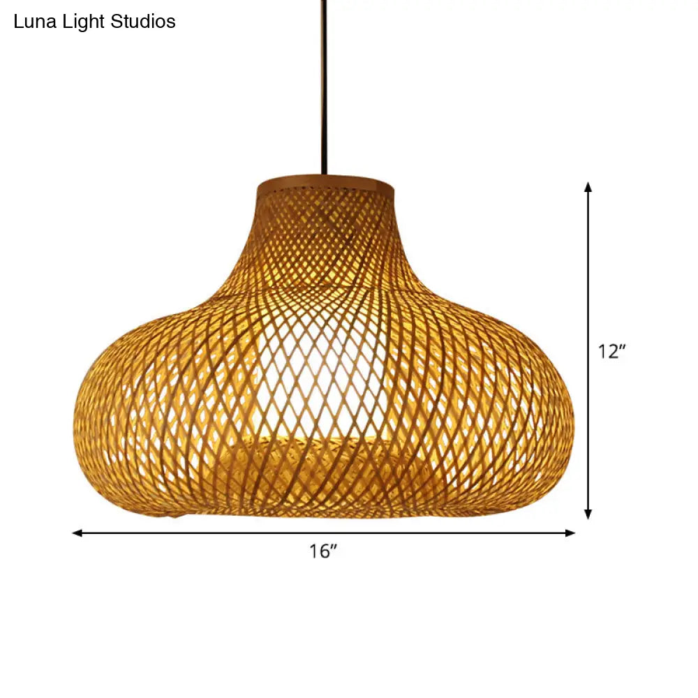 Bamboo Handwoven Japanese Pendant Lamp - 1 Head Ceiling Suspension Light In Flaxen