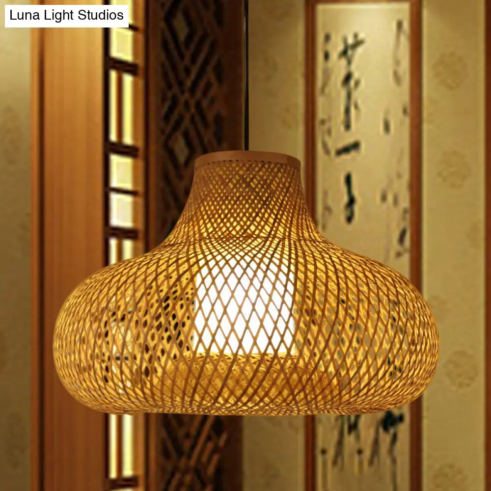 Bamboo Handwoven Japanese Pendant Lamp - 1 Head Ceiling Suspension Light In Flaxen