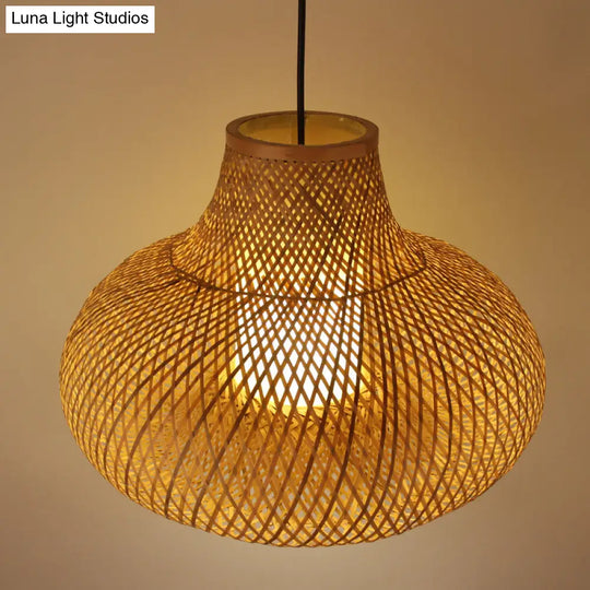 Bamboo Handwoven Japanese Pendant Lamp - 1 Head Ceiling Suspension Light In Flaxen