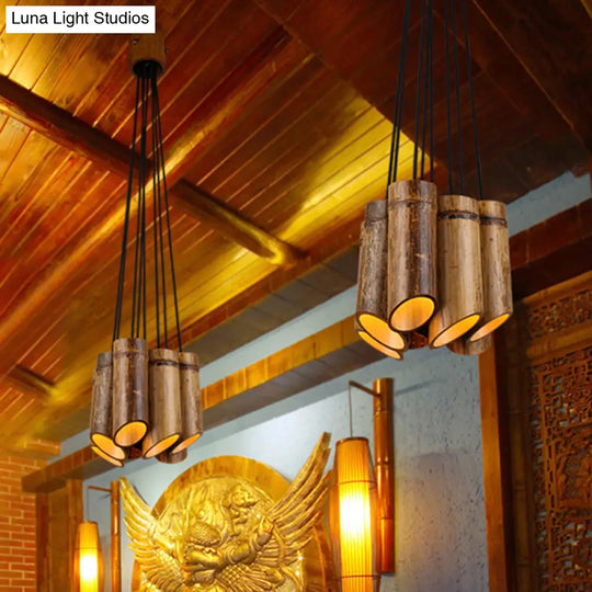 Bamboo Hanging Lamp Antique Tube Suspension Light - 8 Lights Beige Ideal For Bistro Restaurant