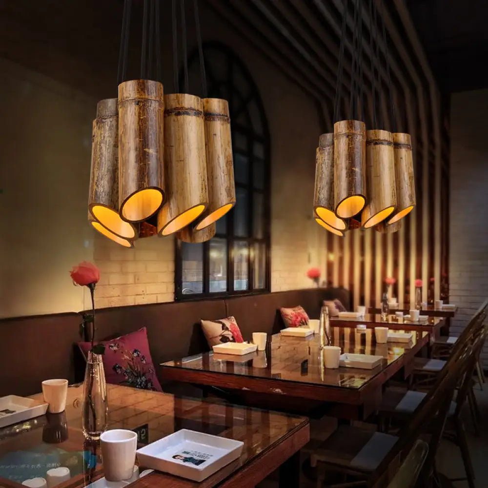 Bamboo Hanging Lamp Antique Tube Suspension Light - 8 Lights Beige Ideal For Bistro Restaurant