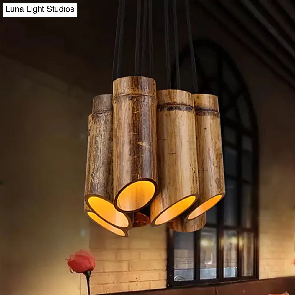 Bamboo Hanging Lamp Antique Tube Suspension Light - 8 Lights Beige Ideal For Bistro Restaurant