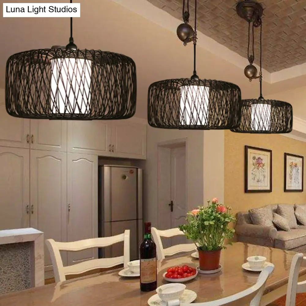 Bamboo Hanging Lamp - Asian Design 1 Bulb Pendant Light For Dining Room