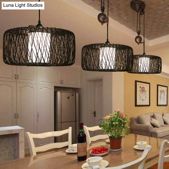 Bamboo Hanging Lamp - Asian Design 1 Bulb Pendant Light For Dining Room