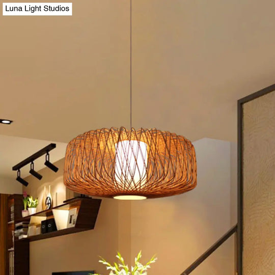 Bamboo Hanging Lamp - Asian Design 1 Bulb Pendant Light For Dining Room