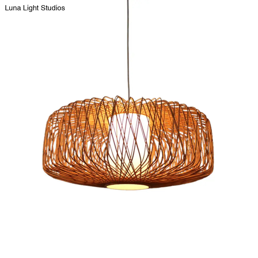 Bamboo Hanging Lamp - Asian Design 1 Bulb Pendant Light For Dining Room