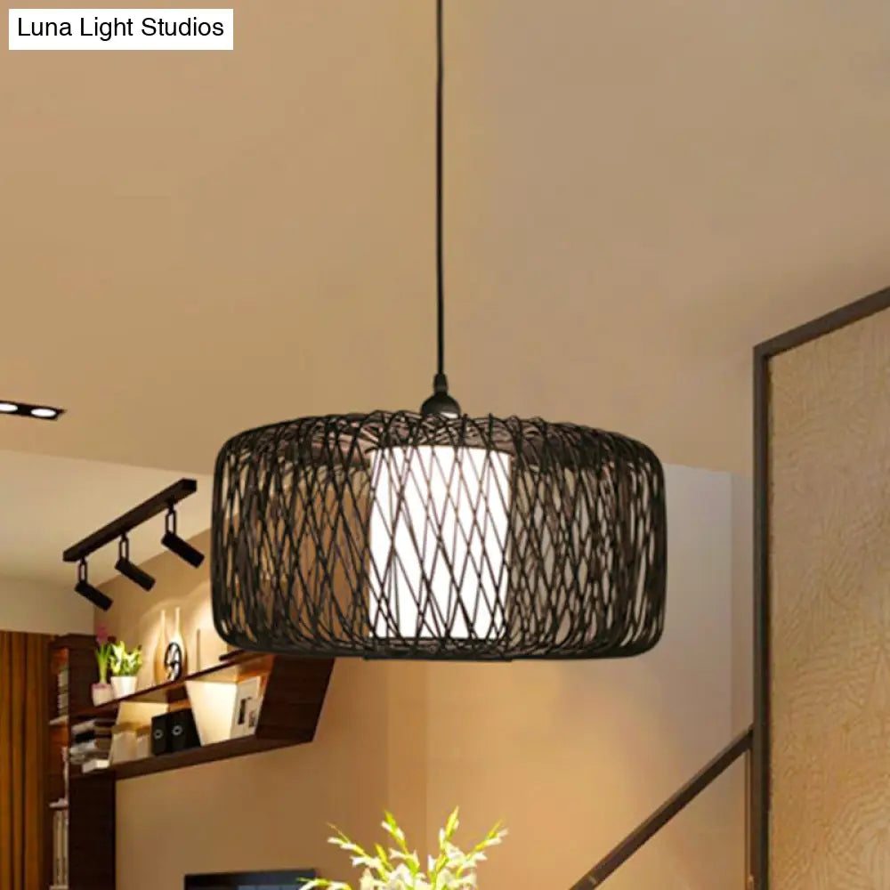 Bamboo Hanging Lamp - Asian Design 1 Bulb Pendant Light For Dining Room