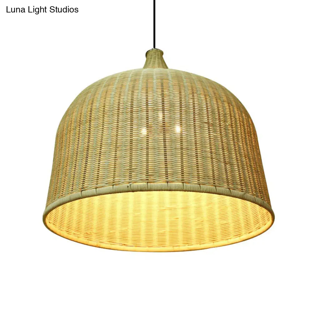 Modern Bamboo Hanging Lamp With Cloche Shape And Wood Fixture - Bedroom Ceiling Light