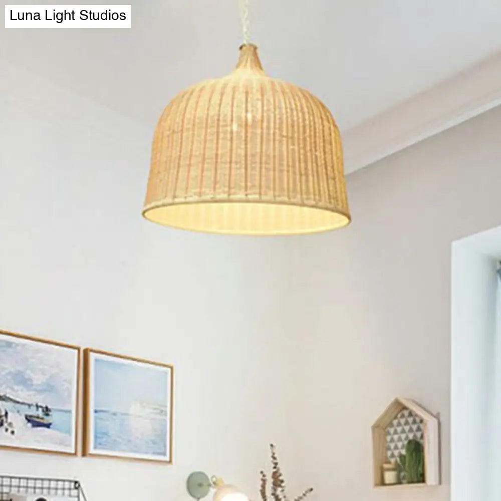 Modern Bamboo Hanging Lamp With Cloche Shape And Wood Fixture - Bedroom Ceiling Light