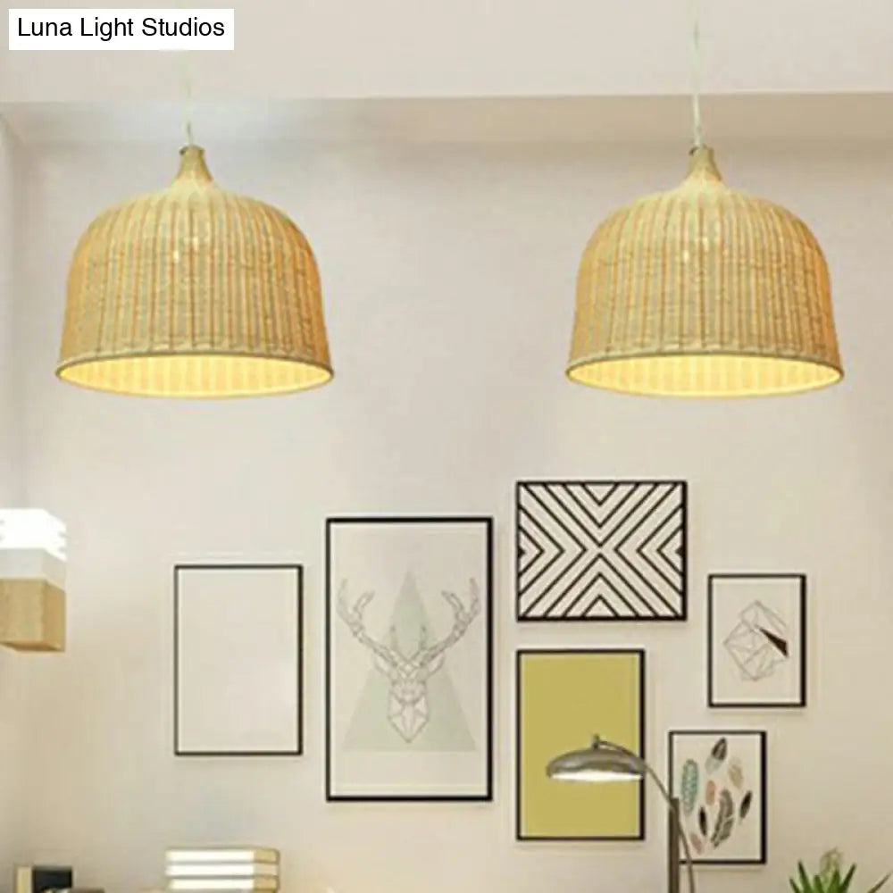 Modern Bamboo Hanging Lamp With Cloche Shape And Wood Fixture - Bedroom Ceiling Light