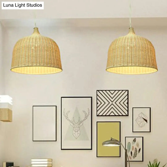 Modern Bamboo Hanging Lamp With Cloche Shape And Wood Fixture - Bedroom Ceiling Light