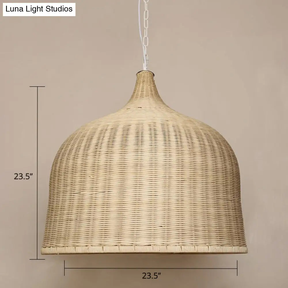 Modern Bamboo Hanging Lamp With Cloche Shape And Wood Fixture - Bedroom Ceiling Light / 23.5