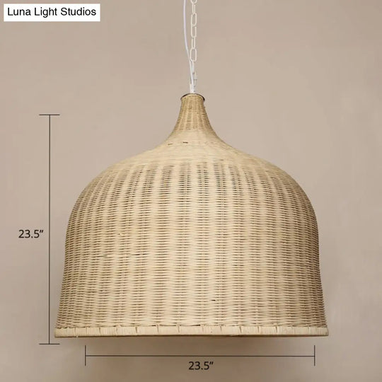 Modern Bamboo Hanging Lamp With Cloche Shape And Wood Fixture - Bedroom Ceiling Light / 23.5