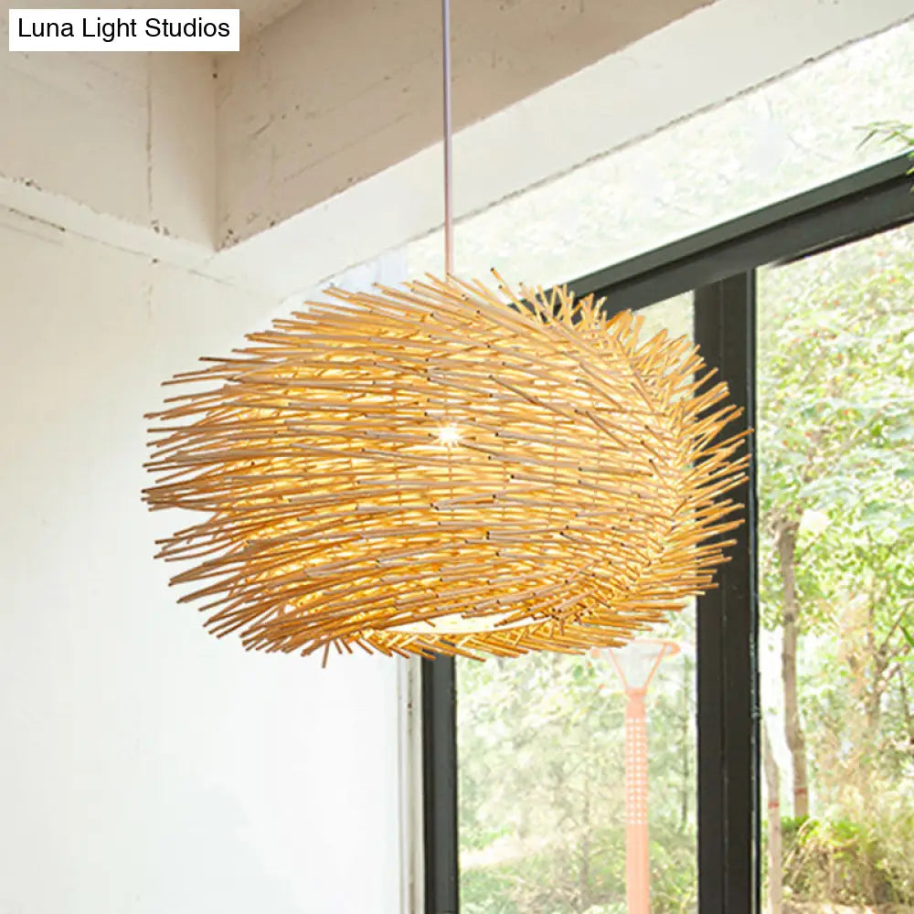 Bamboo Hanging Lantern: Asian 1-Head Beige Pendant Light For Dining Room