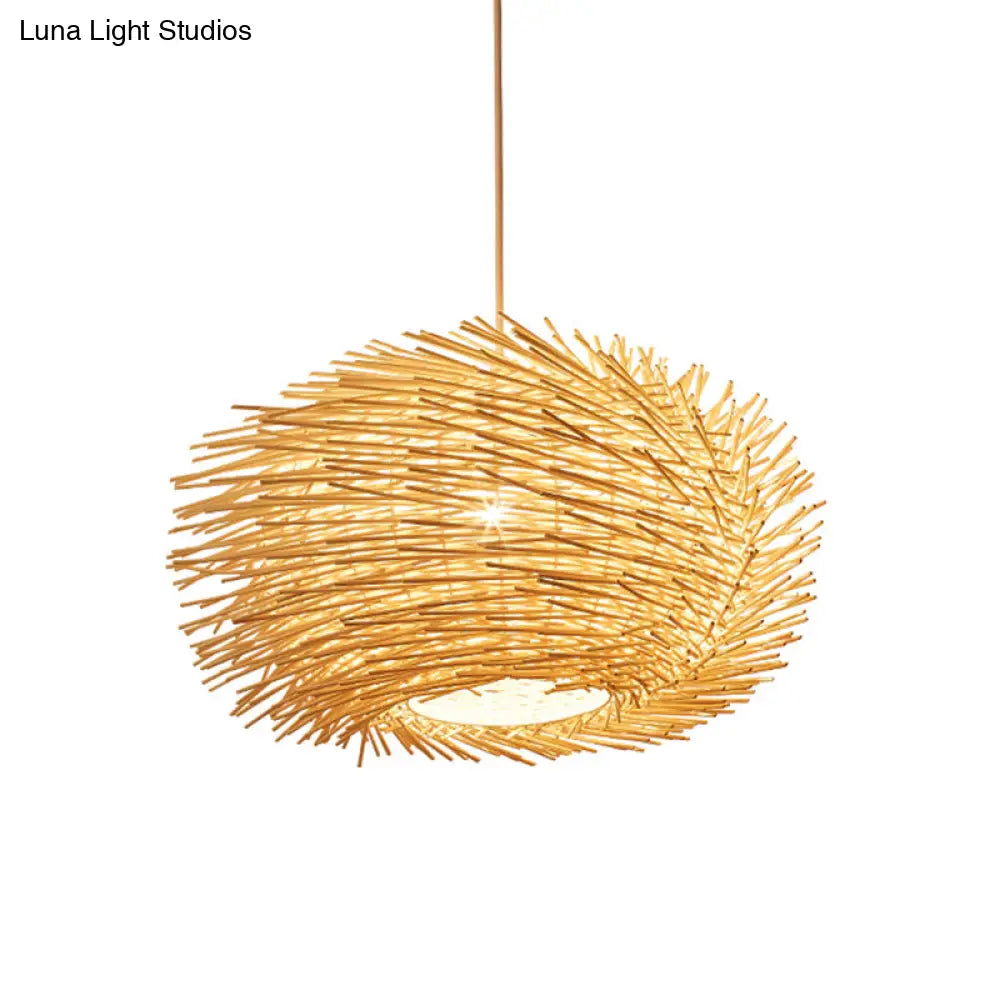 Bamboo Hanging Lantern: Asian 1-Head Beige Pendant Light For Dining Room