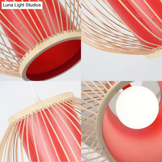 Bamboo Hanging Light Fixture With Chinese Style Suspension - 1-Light Global Kitchen Lamp Inner Red