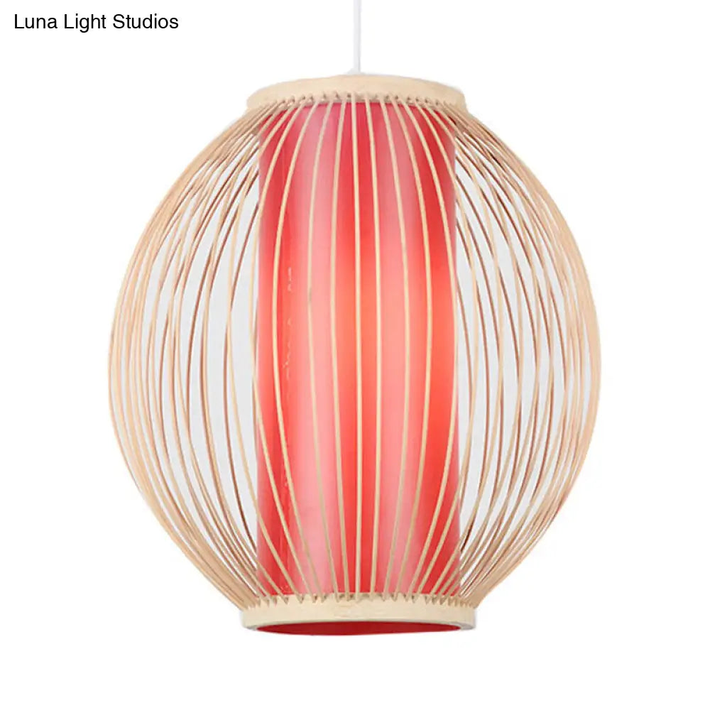 Bamboo Chinese-Style Hanging Lamp With Inner Red Cylinder Shade