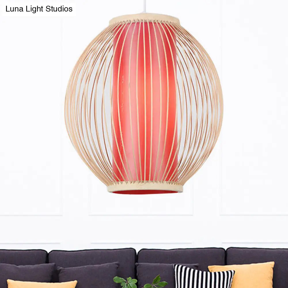 Bamboo Chinese-Style Hanging Lamp With Inner Red Cylinder Shade