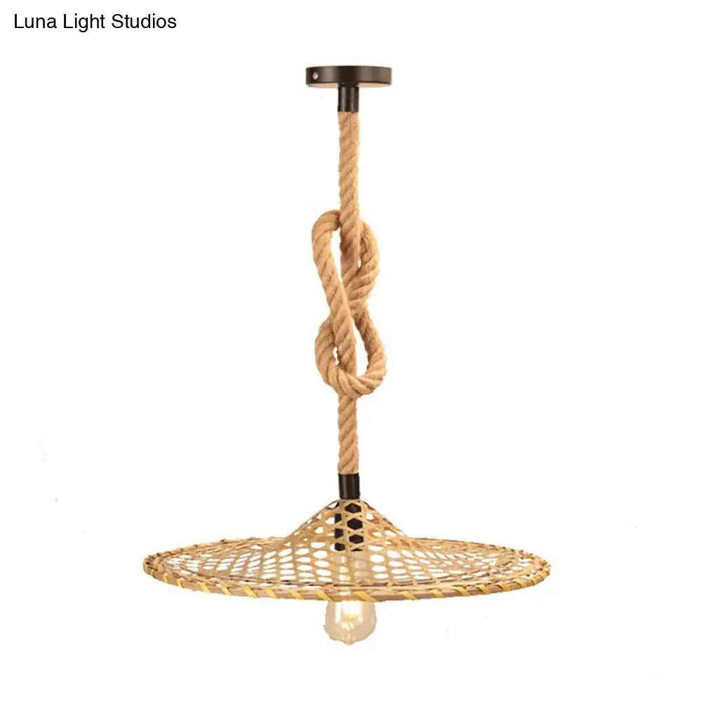 Bulb Flat Bamboo Hat Pendant Ceiling Light Countryside Beige Rope Design