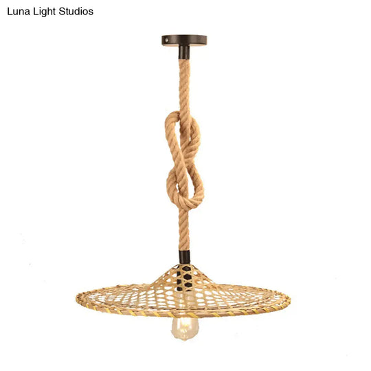 Bulb Flat Bamboo Hat Pendant Ceiling Light Countryside Beige Rope Design