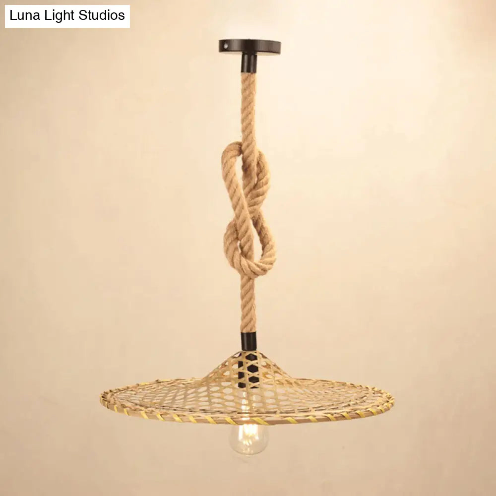 Bamboo Hat Pendant Ceiling Light With Countryside Beige Rope - Knots Design