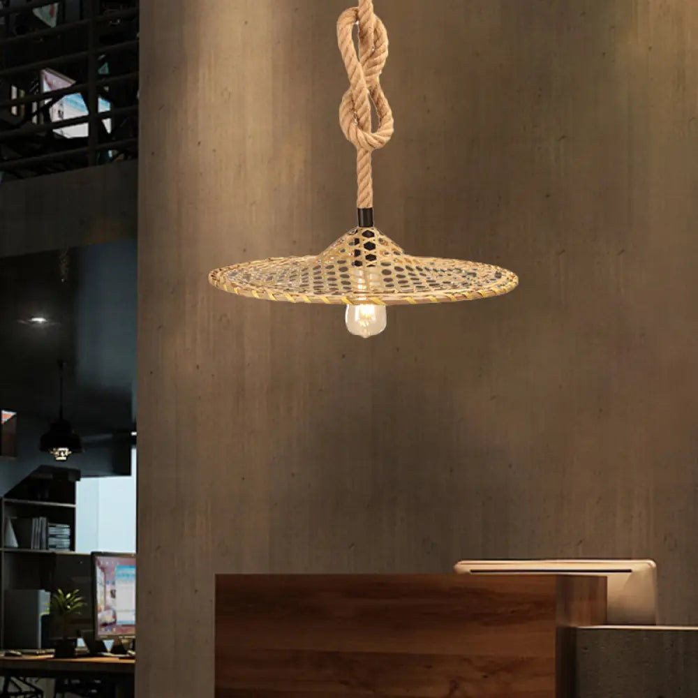 Bamboo Hat Pendant Ceiling Light With Countryside Beige Rope - Knots Design
