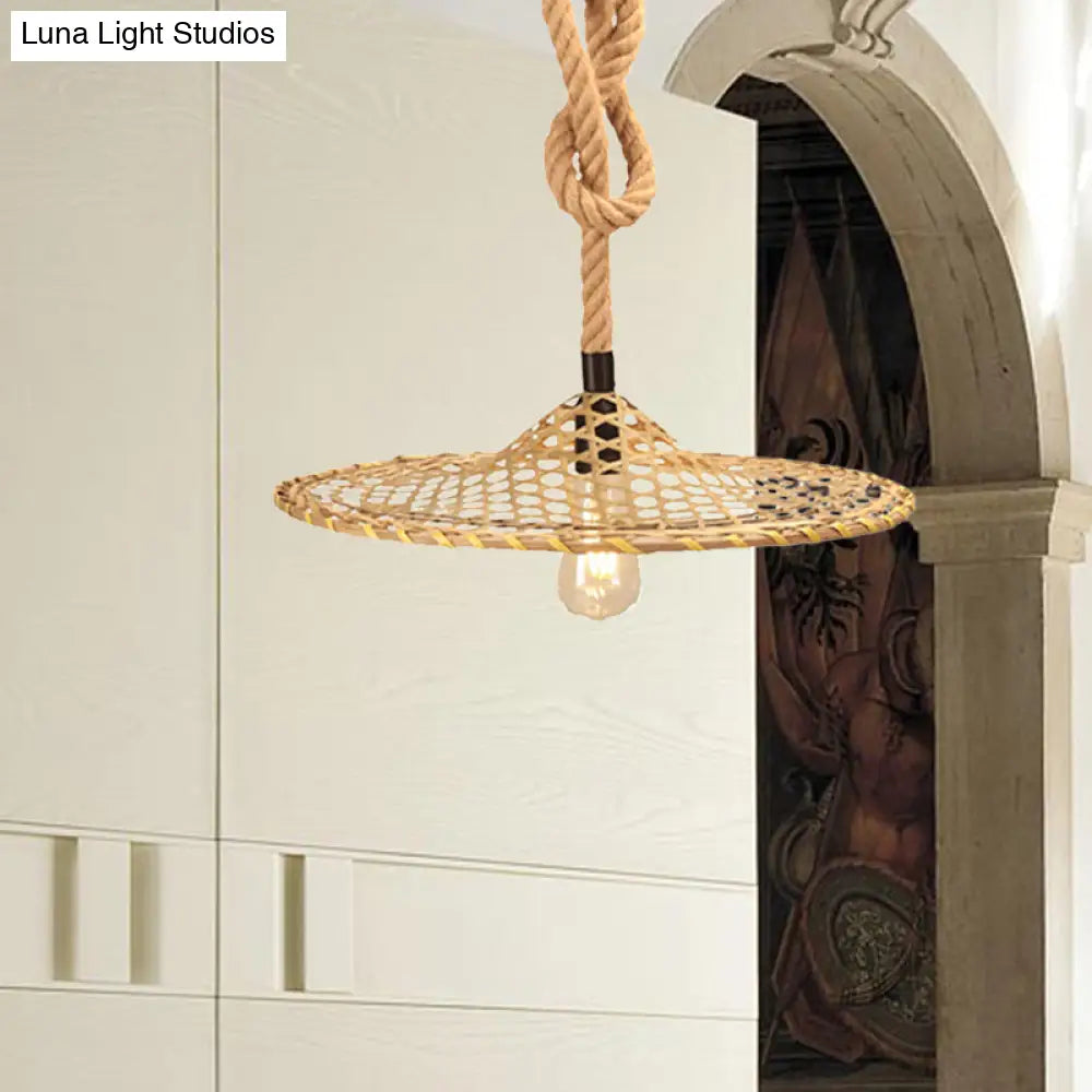 Bamboo Hat Pendant Ceiling Light With Countryside Beige Rope - Knots Design