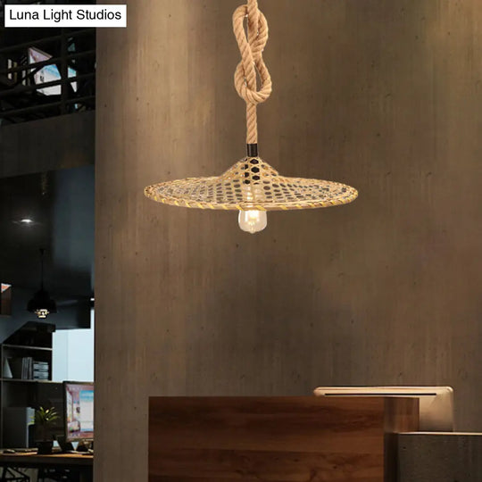 Bulb Flat Bamboo Hat Pendant Ceiling Light Countryside Beige Rope Design