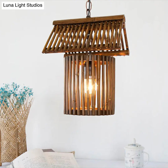 Modern Bamboo House Pendant Light In Brown - 1-Light Ceiling Lamp