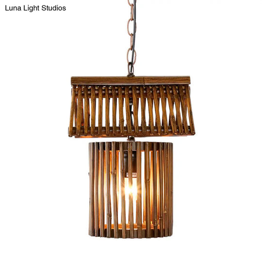 Modern Bamboo House Pendant Light In Brown - 1-Light Ceiling Lamp