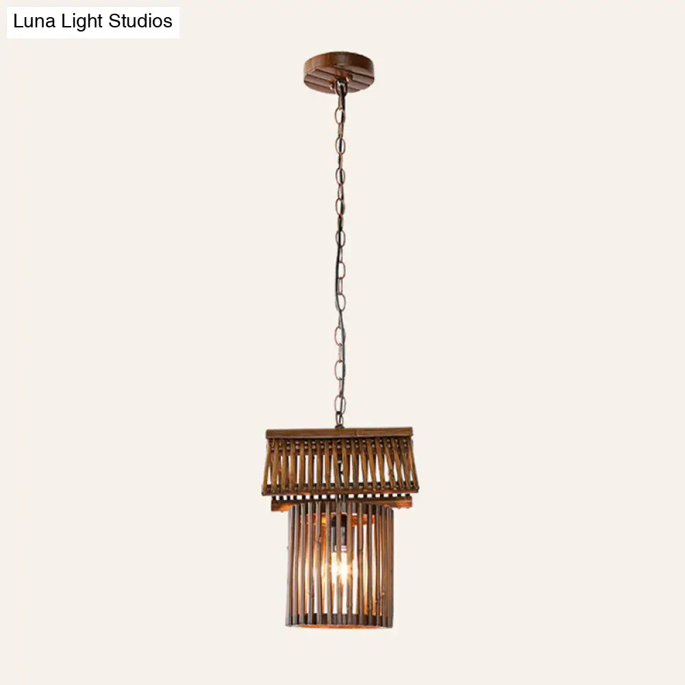 Modern Bamboo House Pendant Light In Brown - 1-Light Ceiling Lamp