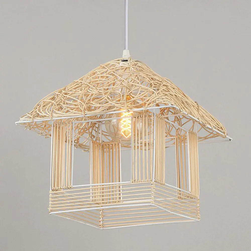 Bamboo House Tea Room Pendant Light - Single-Bulb Contemporary Suspension Fixture Wood