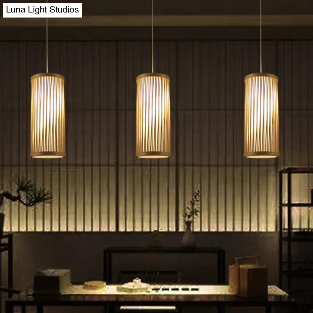 Bamboo Japanese Ceiling Light - Cylindrical Wood Fixture With 1 Head