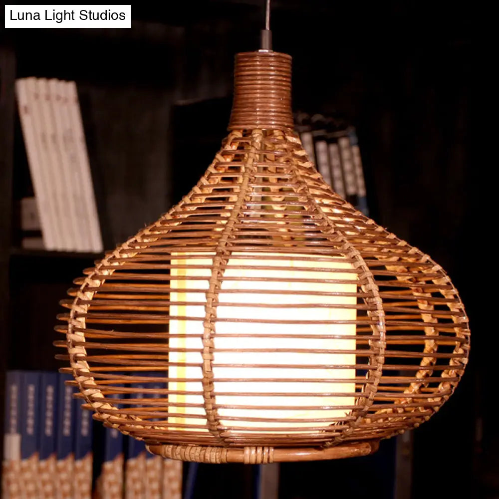 Bamboo Jar Pendant Light Kit With Inner Cylindrical Shade - Retro Style Brown 1 Bulb