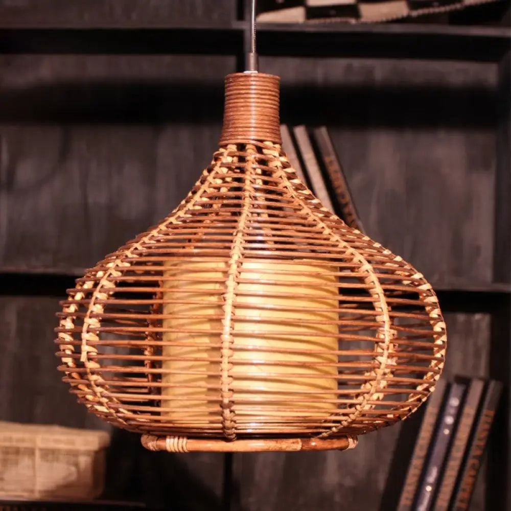 Bamboo Jar Pendant Light Kit With Inner Cylindrical Shade - Retro Style Brown 1 Bulb