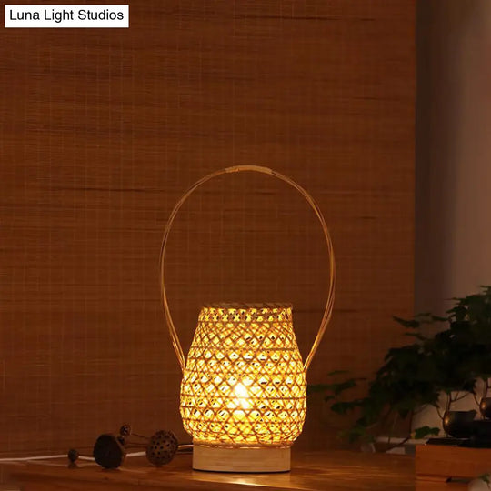 Bamboo Lantern 1-Head Flaxen Small Desk Lamp With Curved Arm - Chinese Task Lighting