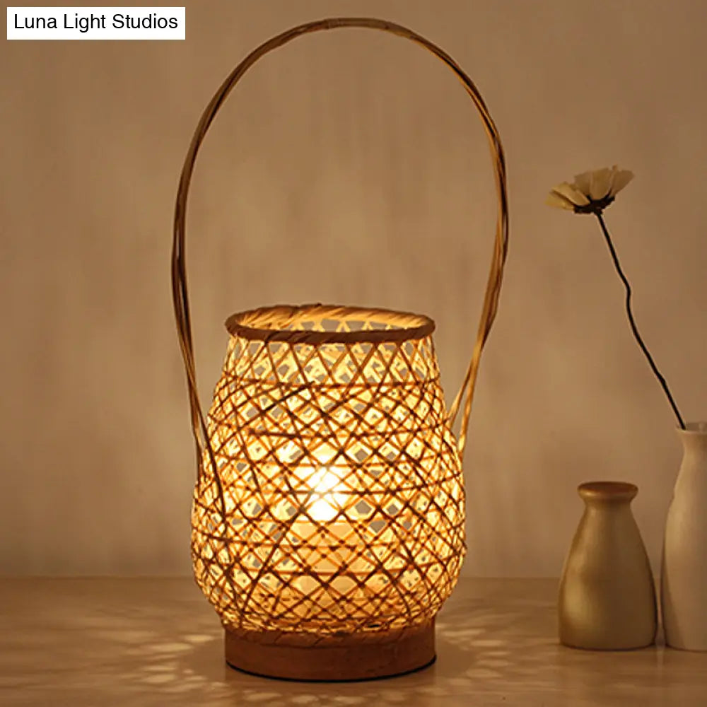 Bamboo Lantern 1-Head Flaxen Small Desk Lamp With Curved Arm - Chinese Task Lighting