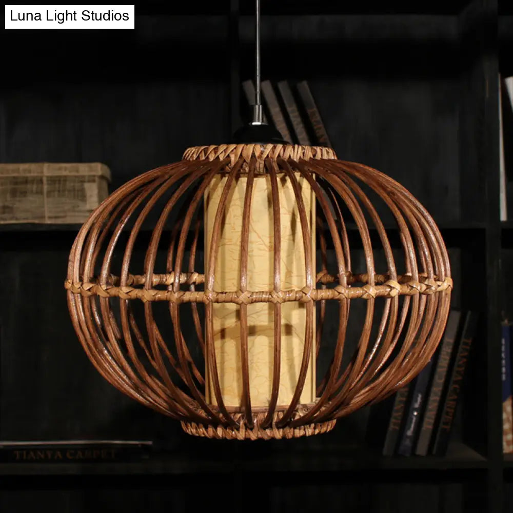 Bamboo Lantern Ceiling Light: Asian-Style Brown Pendant With Inner Cylinder Parchment Shade