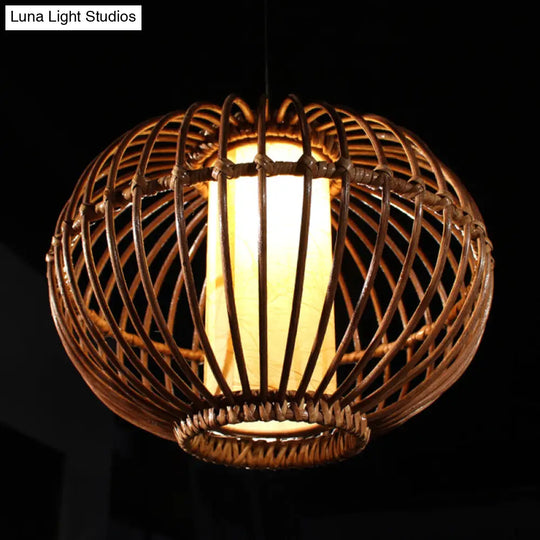 Bamboo Lantern Ceiling Light: Asian-Style Brown Pendant With Inner Cylinder Parchment Shade