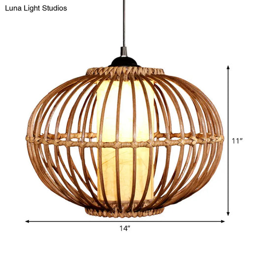 Bamboo Lantern Ceiling Light: Asian-Style Brown Pendant With Inner Cylinder Parchment Shade