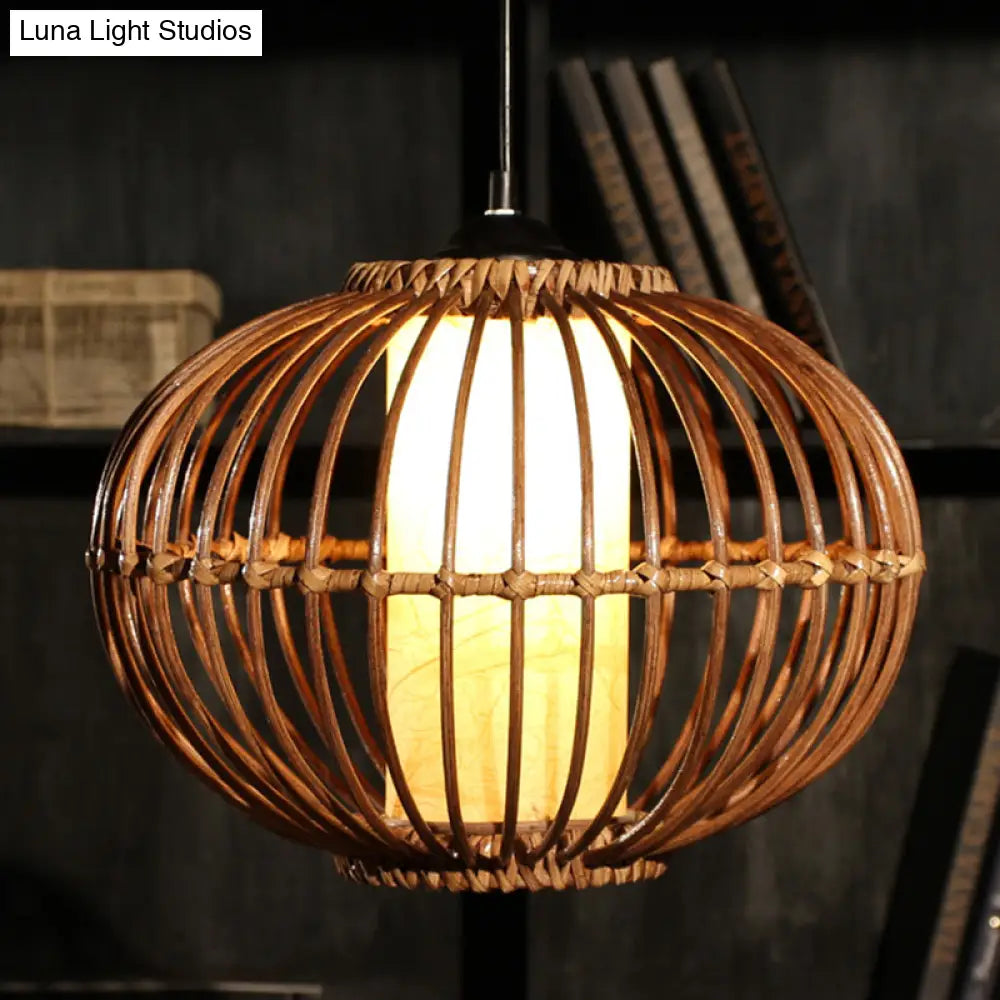 Bamboo Lantern Ceiling Light: Asian-Style Brown Pendant With Inner Cylinder Parchment Shade