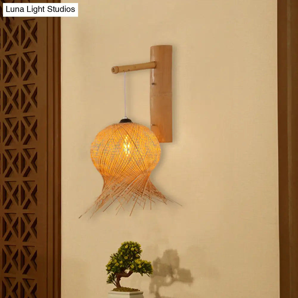 Bamboo Lantern Sconce Wall Lamp For Teahouse With Flaxen Shade