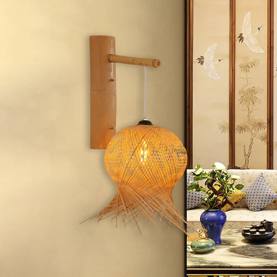 Bamboo Lantern Sconce Wall Lamp For Teahouse With Flaxen Shade