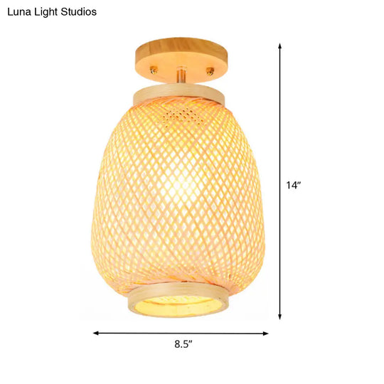 Bamboo Lantern Semi-Flush Mount Asian Ceiling Fixture For Restaurant