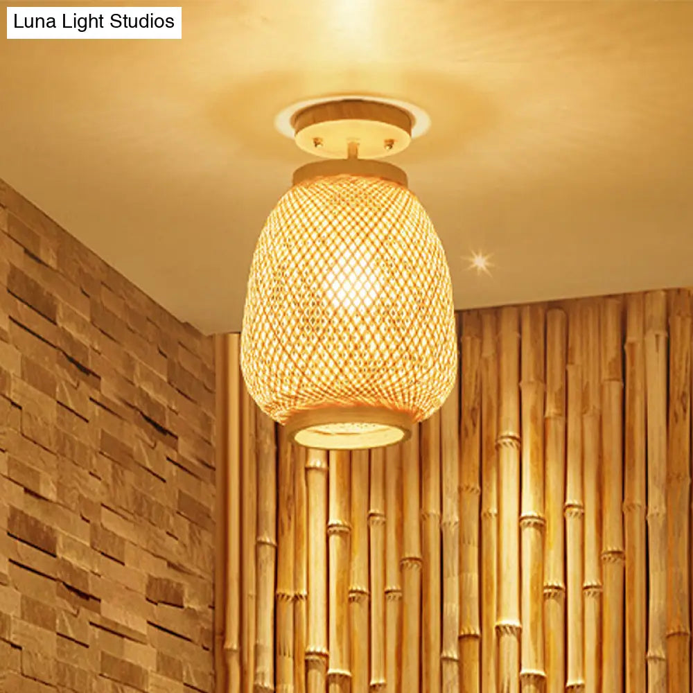 Bamboo Lantern Semi-Flush Mount Asian Ceiling Fixture For Restaurant Beige