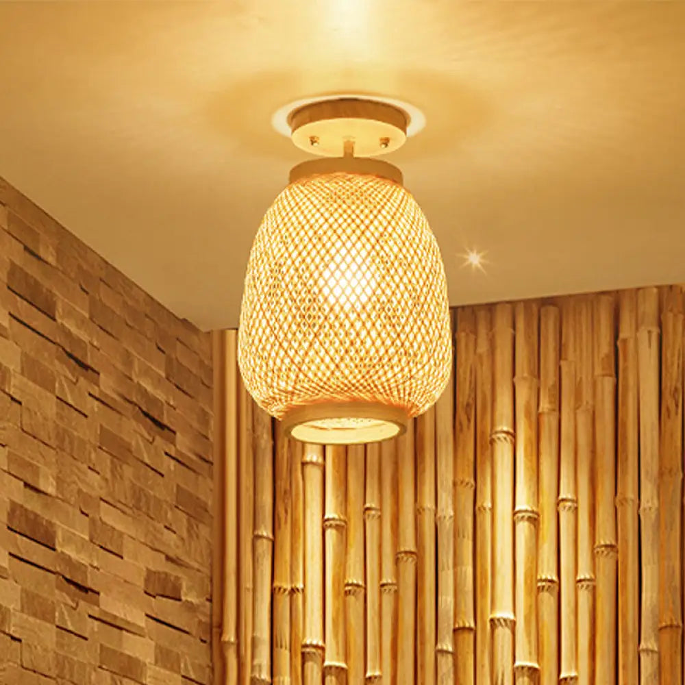 Bamboo Lantern Semi - Flush Mount Asian Ceiling Fixture For Restaurant Beige