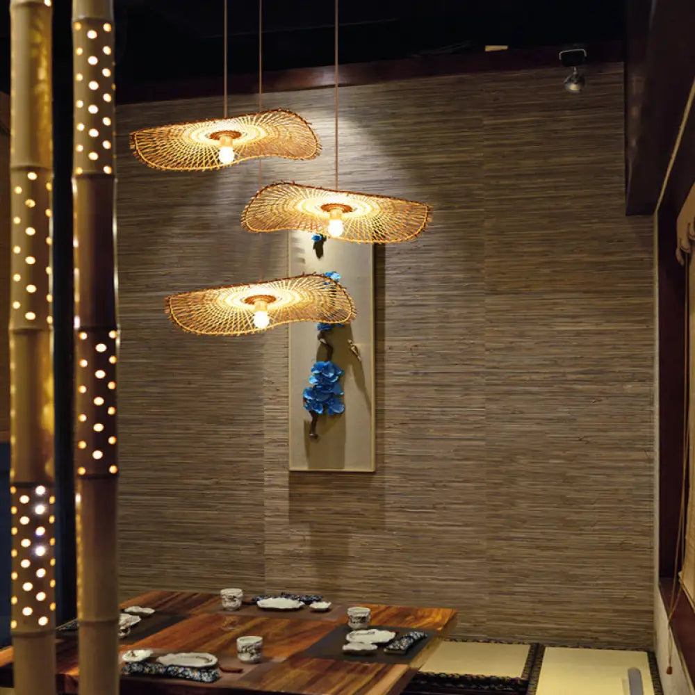 Bamboo Leaf Suspension Ceiling Light - Minimalist Wood Pendant / 14