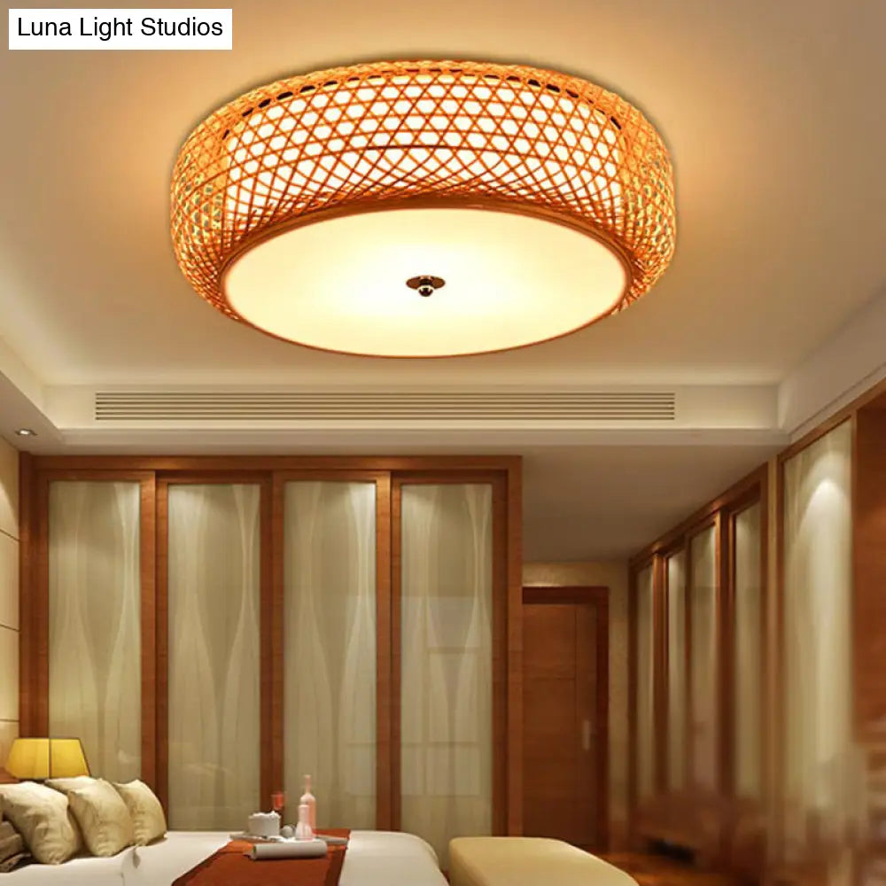 Bamboo Led Flush Mount Lamp For Living Room - Traditional Wood Cylinder/Donut Design