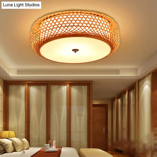 Bamboo Led Flush Mount Lamp For Living Room - Traditional Wood Cylinder/Donut Design