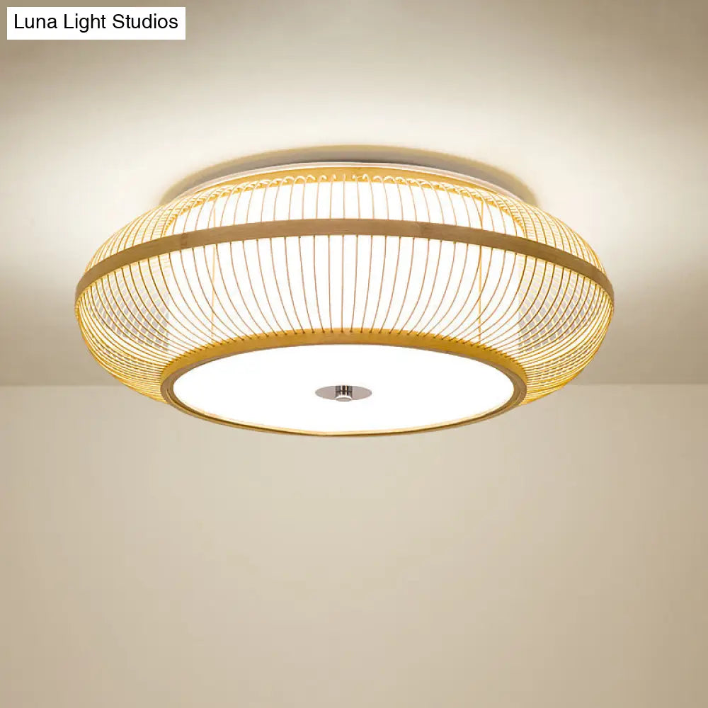 Bamboo Led Flush Mount Lamp For Living Room - Traditional Wood Cylinder/Donut Design / B